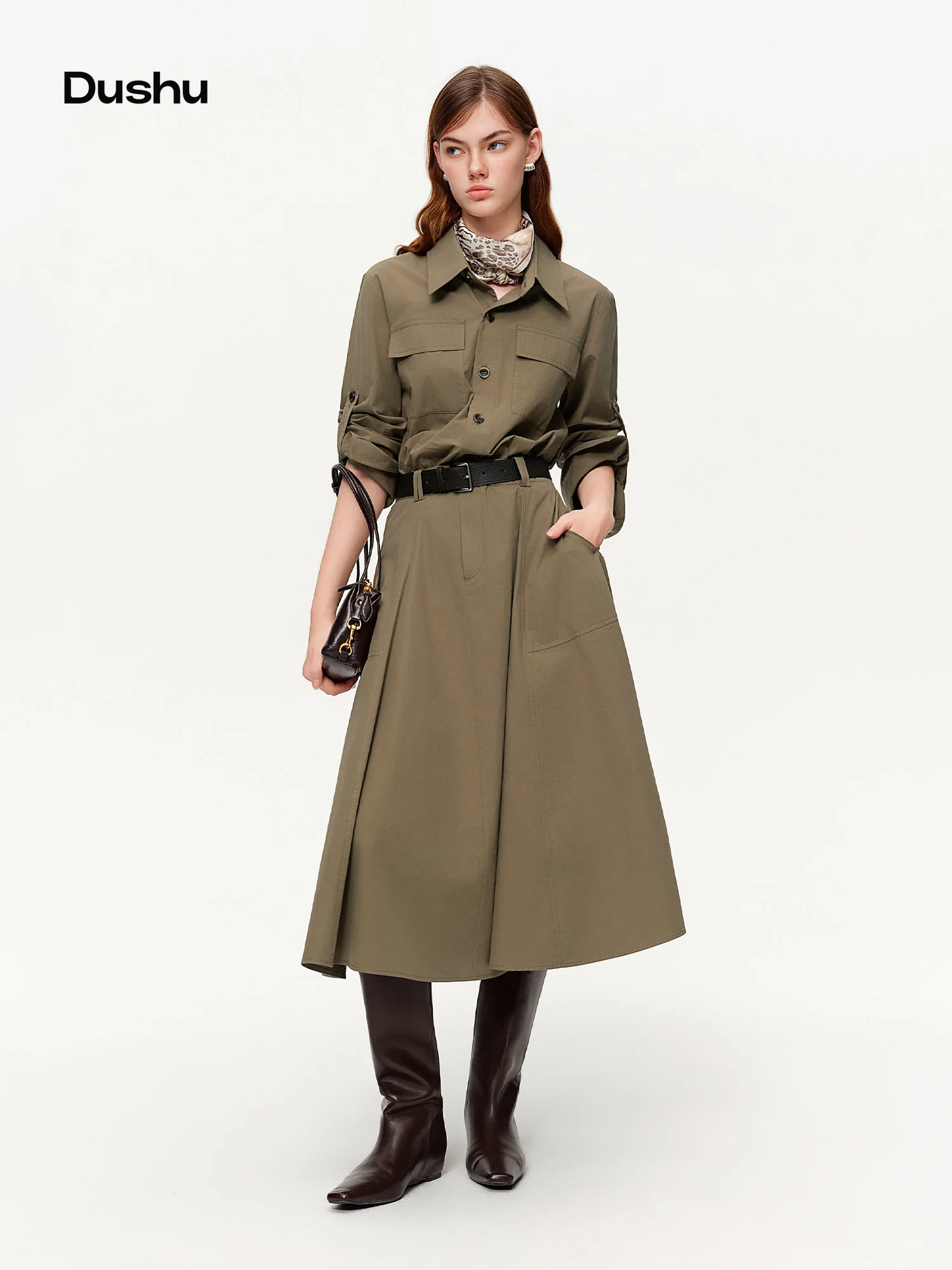 

DUSHU 【Urban Rhythm】Workwear Style Faux Two Piece Shirt Dress Spring Vibes Notched Lapel Mid-Length Dress 2026 New Arrival Dress