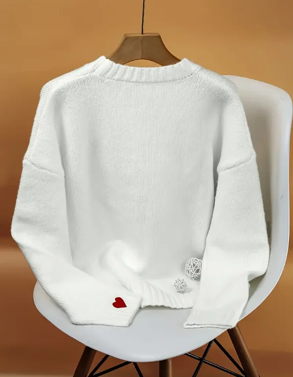 Ladies Long Sleeve Knitted Sweater Spring Autumn Red Heart Embroidery Base Shirt Couple Valentine's Day Gift