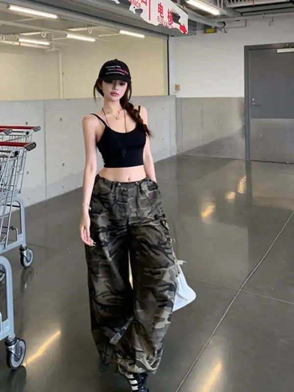 ريترو الرباط تصميم عارضة السراويل النسائية انفجار فضفاضة ورقيقة التمويه وزرة رياضية الشارع السراويل متعددة الاستخدامات