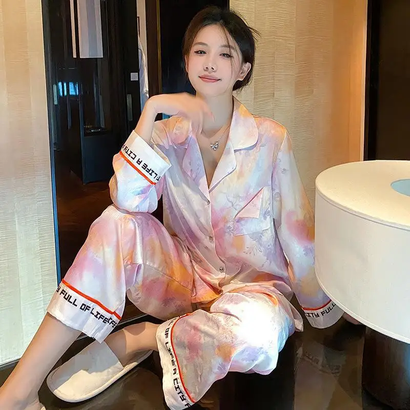 

Two Piece Women Pajamas Sleepwear Set Rayon Home Wear Clothes Lingerie Spring Autumn Long Sleeve Shirt Trouser Pijamas Suit