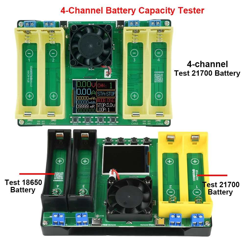 

4-Channel 21700 18650 Battery Capacity Tester Automatic Charge/Discharge Internal Resistance Detection Module Type C Interface