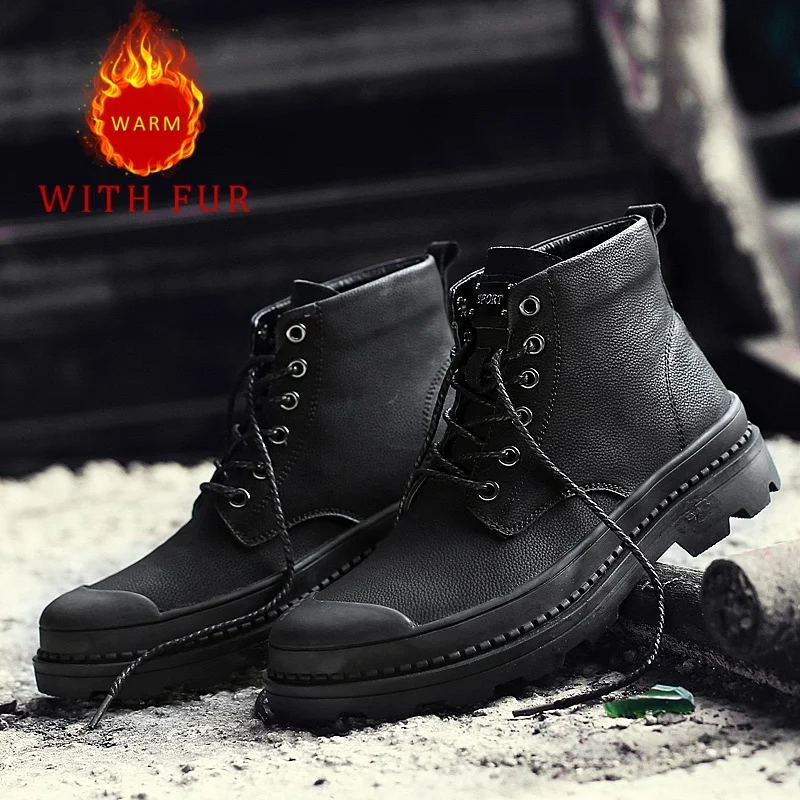 

Men's boots autumn and winter Classic casual minimalist style Work Office Leisure Business Black leather shoes lace-up New
