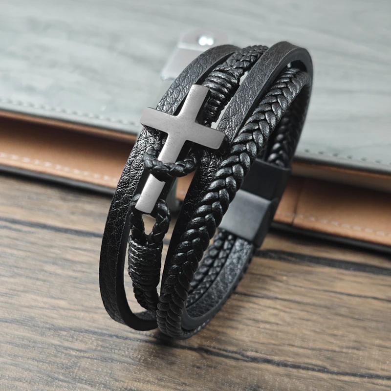 

New Design Cross Shaped Bracelets Stainless Steel Weave Magnetic Buckle Rope Jewelry Accessories Gift Men Dropshipping