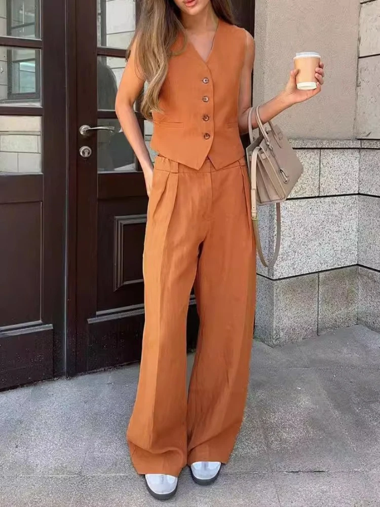 

Summer New Chic Women Linen Cotton Chic Vest ＆ Pants Suit Two-Piece Set Office Ladies Chic 2 Piece Sets Women's Outfits
