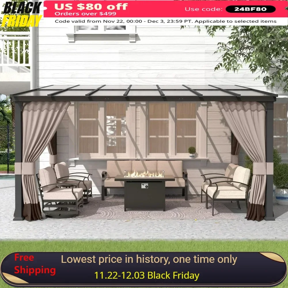 10FTx14FT Outdoor Wall-Mounted Hardtop Pergola, Metal Frame Gazebo with Sloping Sun Panel Roof and Double Curtains Pergolas