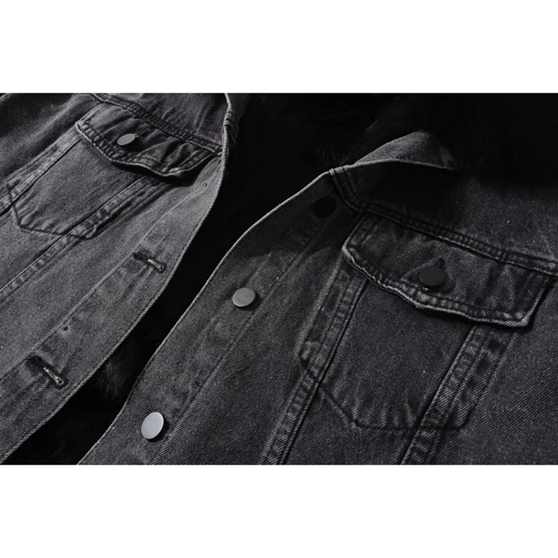

Winter Women Thick Warm Fox Fur Collar Removable Rex Rabbit Fur Liner Denim Jacket Outerwear Vintage Parker Jeans Jackets Female