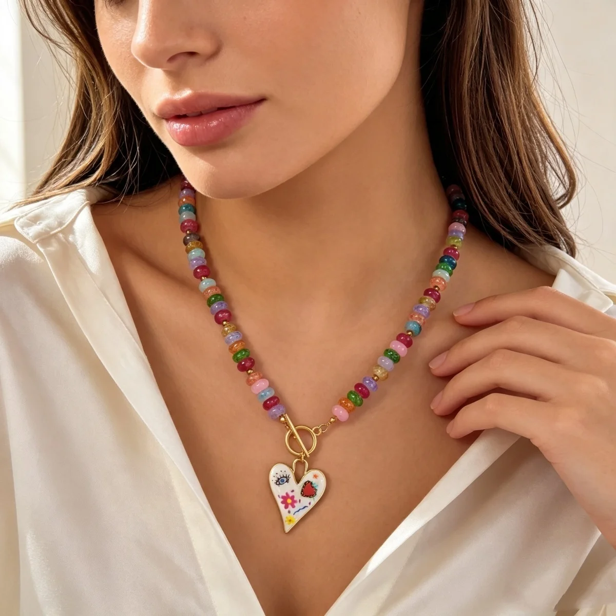 Dopamin Bunte Glas-Flachperlen Graffiti-Blumen-Herz-Anhänger Halskette für Frauen Männer Y2K Vintage OT-Schnallen-Choker Schmuck – Detail 9