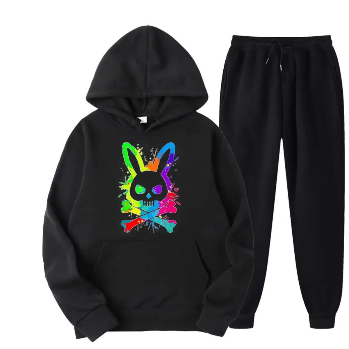

Men's Autumn and Winter 100% Pure Cotton Fashionable Casual Loose Color Skull Rabbit Print Sports Hoodie Set