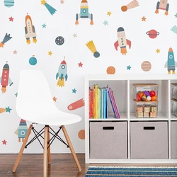 Space Rocket Ship Wall Sticker Baby Nursery Kids Room Watercolor Planet and Star Astronaut Wall Decal Bedroom Playroom Home