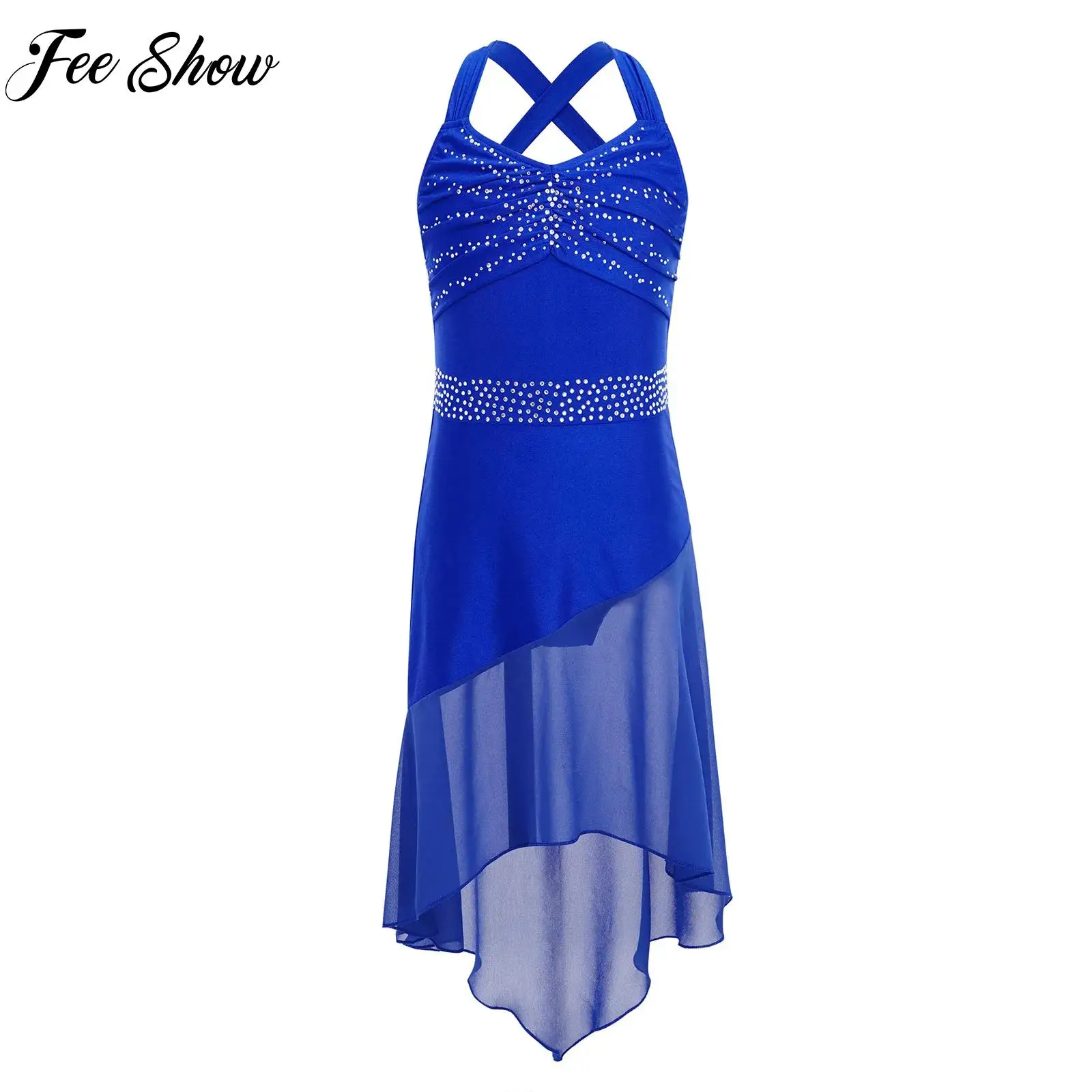 

Kids Girls Latin Dance Dresses Figure Skating Cha-cha Samba Dance Clothes Teen Sleeveless Rhinestones High-Low Chiffon Hem Dress