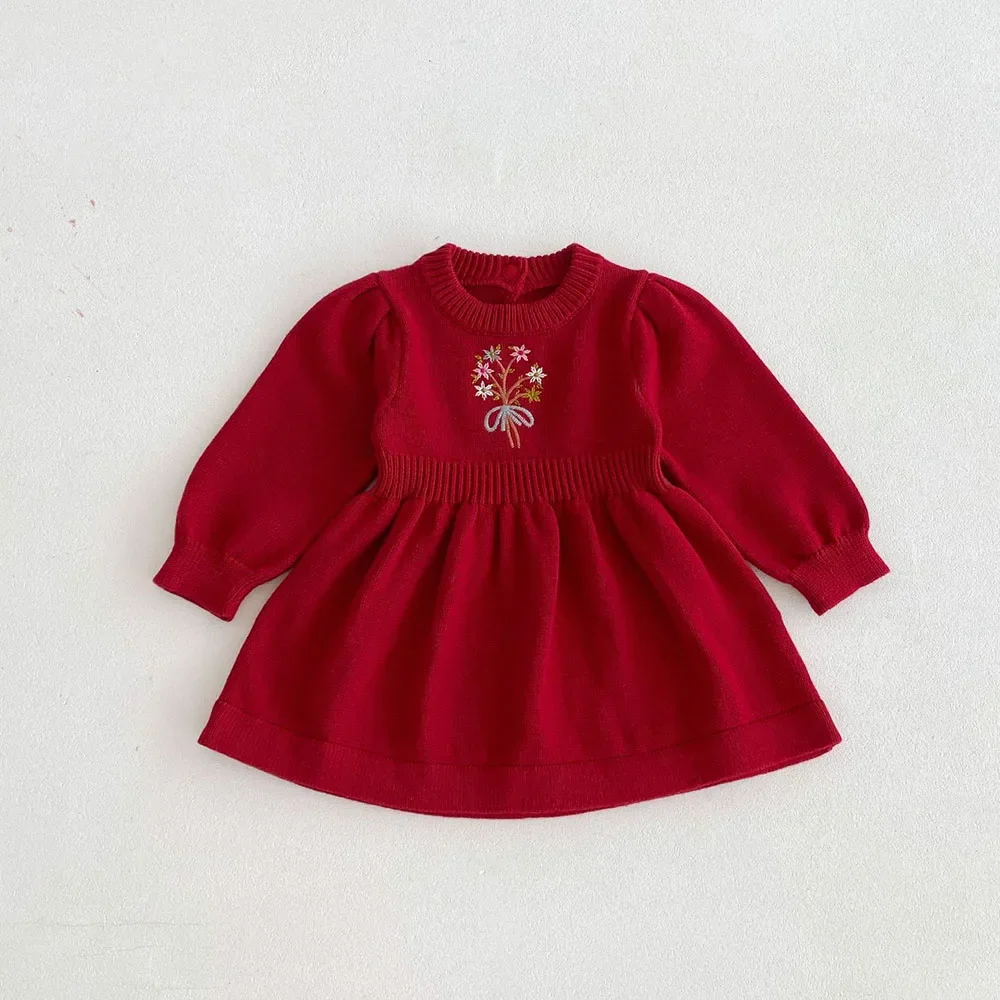 2024 autunno bambino vestiti per bambini 0-4Y ricamo floreale abito in maglia per ragazze vestito maglione carino vestito per bambini