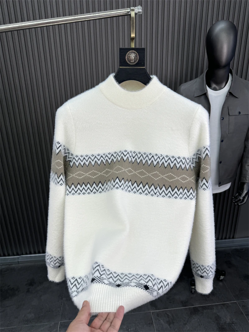 

Двусторонний вязаный шерстяной свитер Pampa & Thiened, мужской повседневный свитер с высоким воротником и геометрическим узором, зимний ...