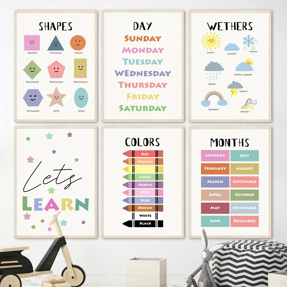 

Shape Weather Color Month Day Nursery Education Wall Art Canvas Painting Nordic Posters And Prints Wall Pictures Kids Room Decor