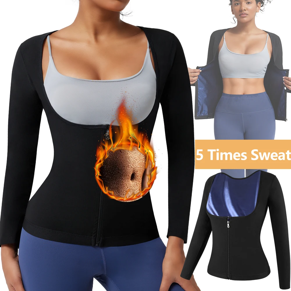 

Sauna Suit Shirt with Zipper Women Long Sleeve Sweat Waist Trainer Vest Weight Loss Workout Compression Tank Top Body Shaper New