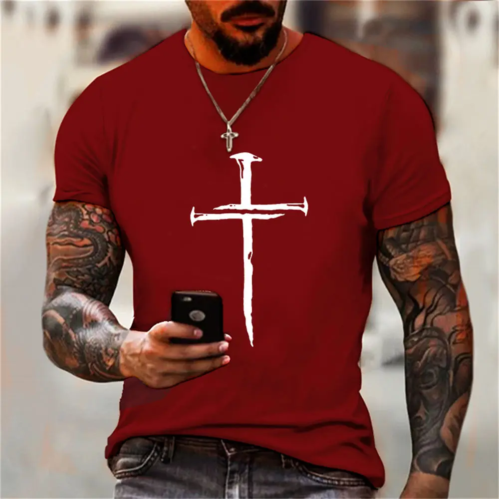 Men\'s T Shirt Personality Casual Jesus Cross Printed Hip Hop Short Sleeve Round Sport T Shirt Oversized Men Clothing Tops Summer