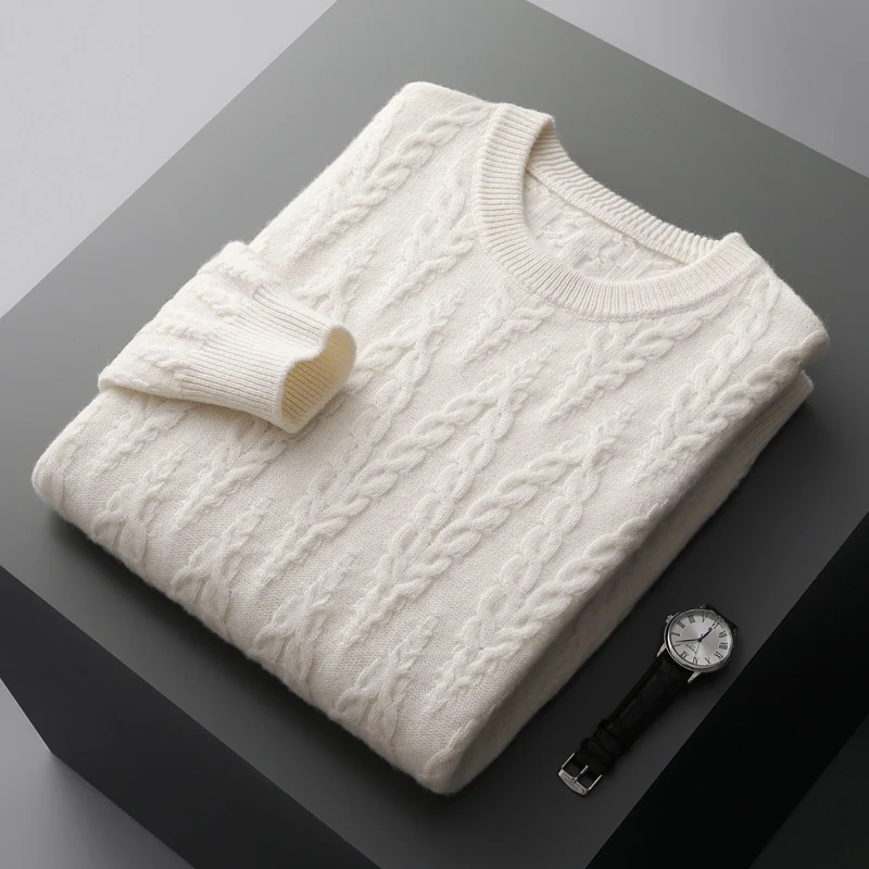 

Autumn and winter new 100% wool cashmere sweater men's round neck twist thick pullover knitted loose fashion bottoming shirt