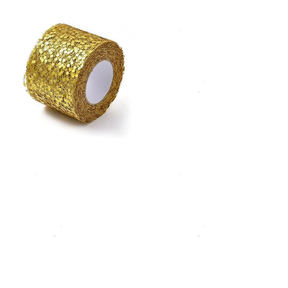 3 rollos de cintas de malla decorativas con lentejuelas brillantes, tela de tul, rollo de tela de tul para hacer faldas, color dorado, 2 pulgadas (5 cm)