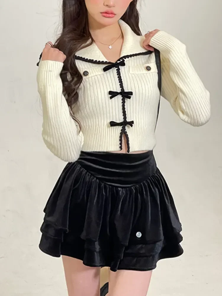 2023 Autumn Pink Sweet Cardigan Long Sleeve Y2k High Waist Knitted Coats Tops Japan Style Bow Sweaters Kawaii Slim Fit Women