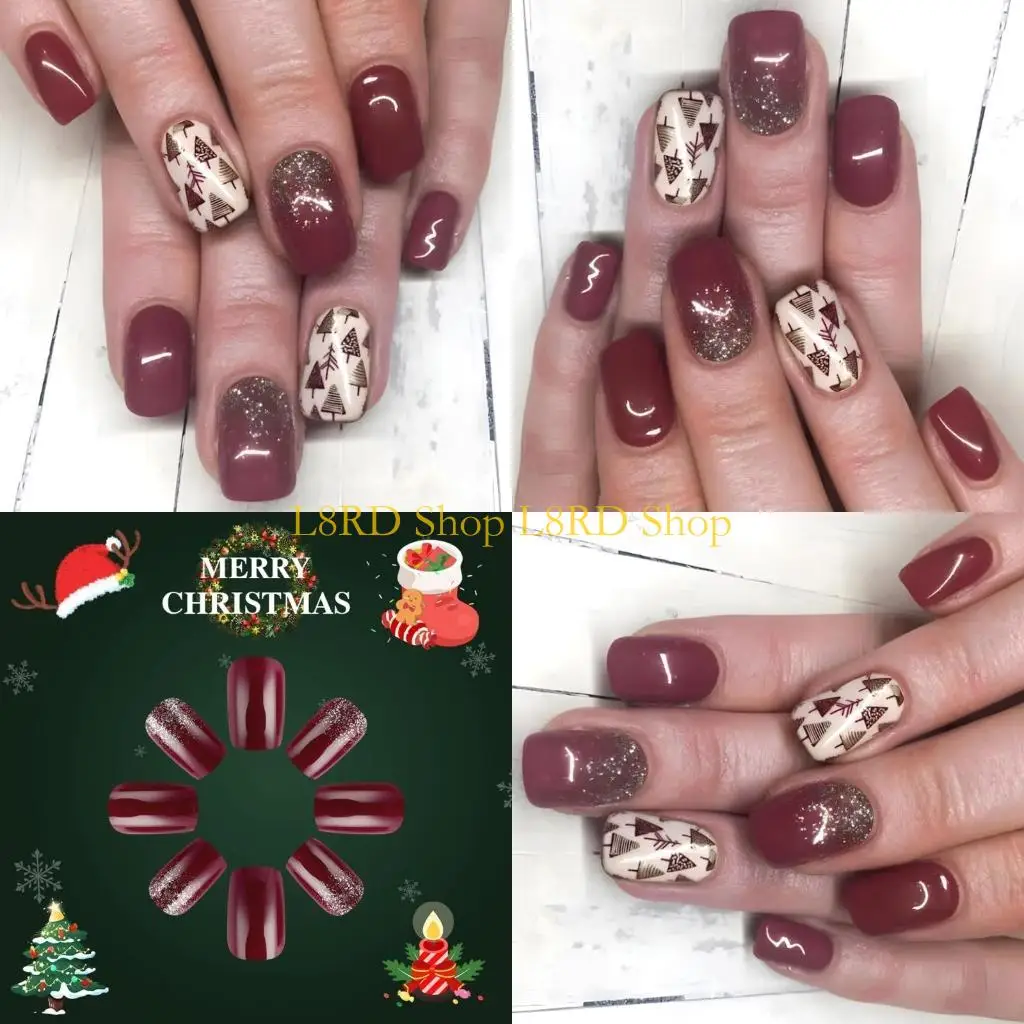 

L8RD 24 шт. Рождественский пресс на ногтях Короткие искусственные ногти Блестящие накладные ногти