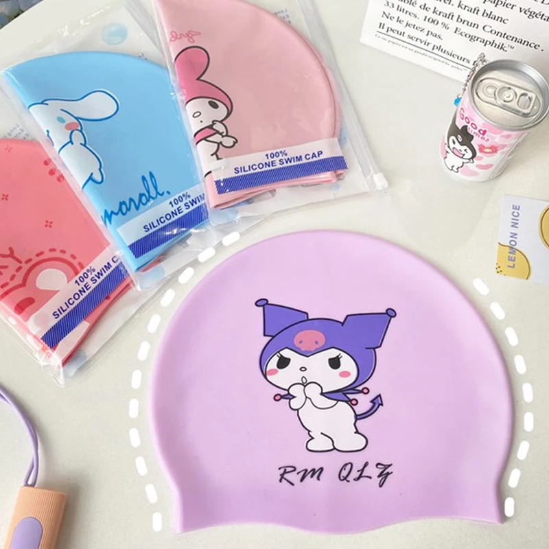 

Sanrio Melody Swimming Caps Anime Kuromi Cinnamoroll High Elasticity Cute Silicone Cap Soft Ear Protection Waterproof Kids Gifts