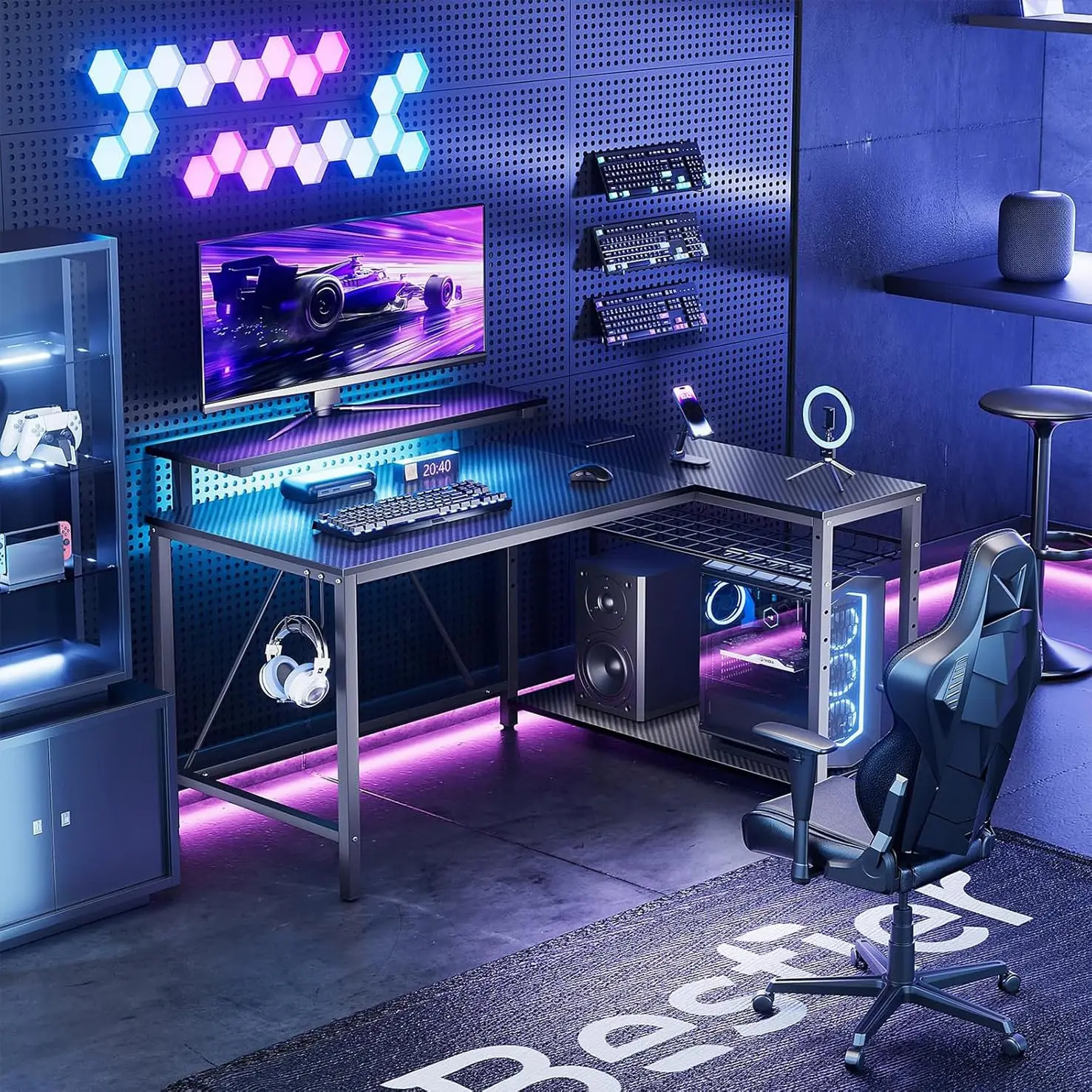 

Игровой стол с розетками, 42-дюймовый L-образный компьютерный стол с LED-подсветкой, стол с регулируемыми полками для хранения, на заказ