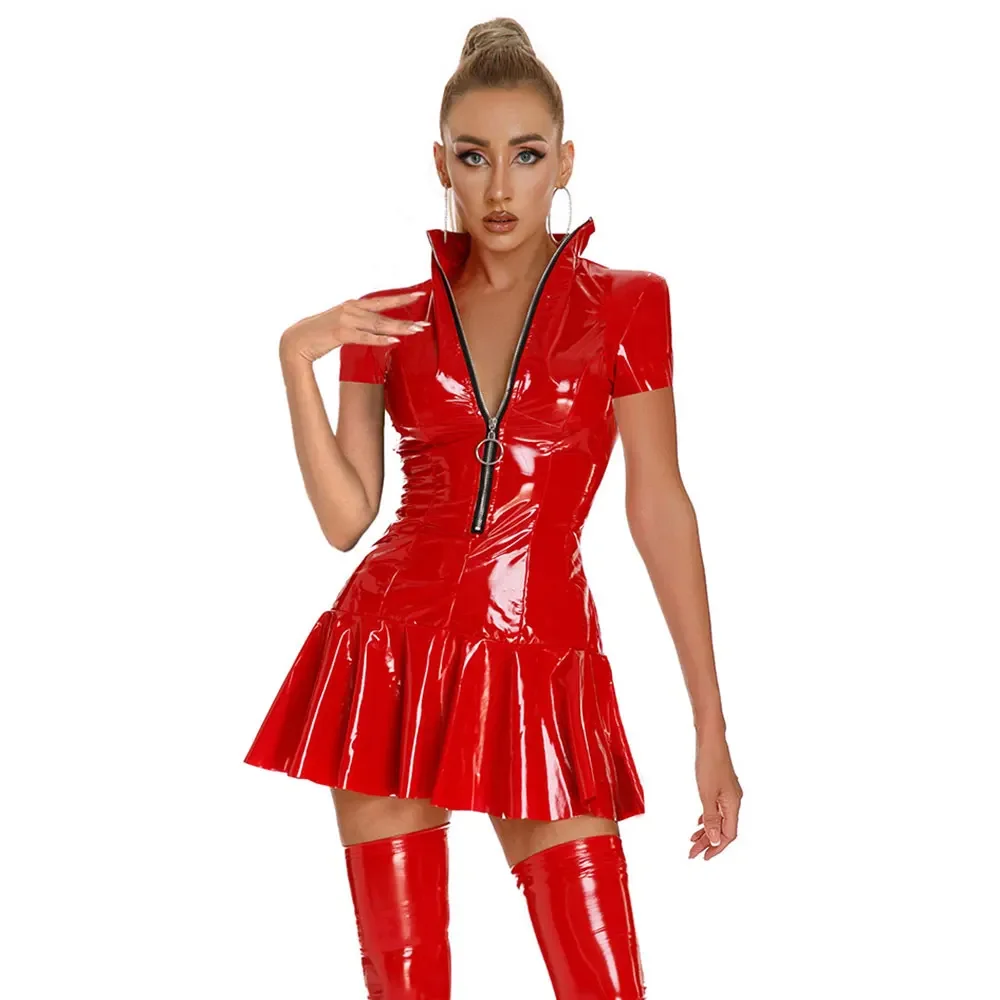 Ladies Stand Collar Slim PVC Dress Sexy Faux Latex Bodycon Dress Women Long Sleeve PU Leather Mini Dress Zipper Clubwear Costume