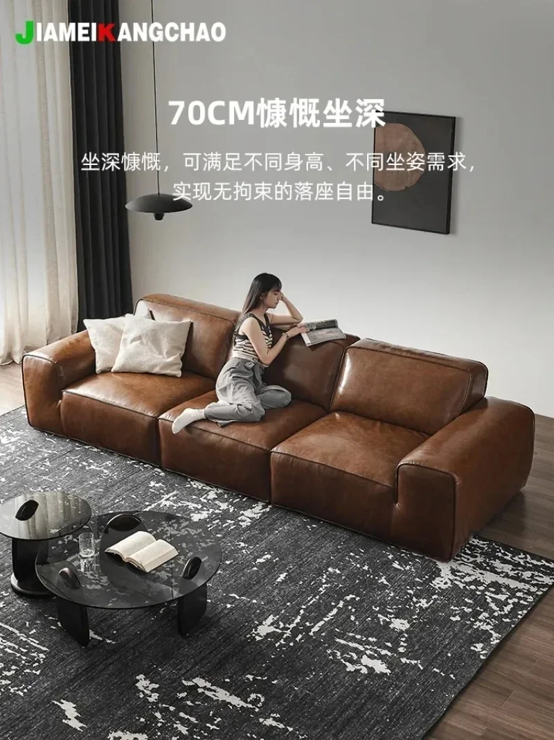 Retro oil wax leather sofa antique simple caramel color high-end tofu block first layer cowhide big black cow villa