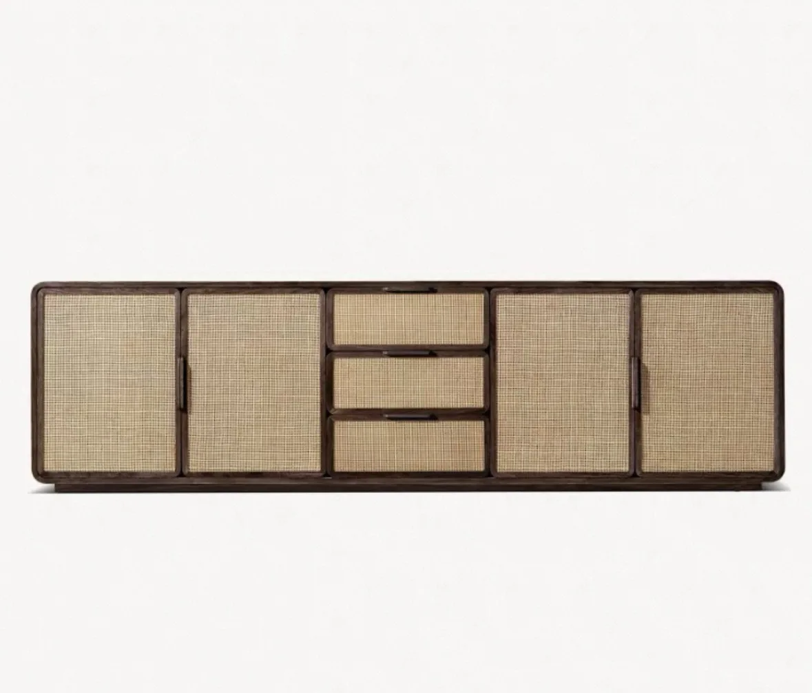 

ei- Vintage TV Cabinet, Solid Wood, French-style Minimalist Living Room Storage Cabinet, and Wicker, High-end Custom-made%