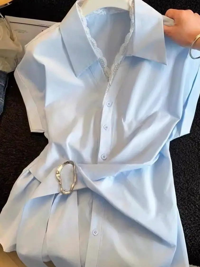 

Blue Lace Neck Shirt Irregular Short Sleeve Women's Waist-Cinching Top with Bow Tie Korean Style Commute Fashion