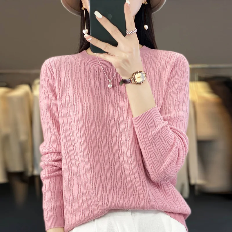 Women\'s Pullover 2023 Spring and Autumn New 100% Wool Hollow Out Casual Knitted Women\'s Top Loose O-neck Collar Korean Sweater