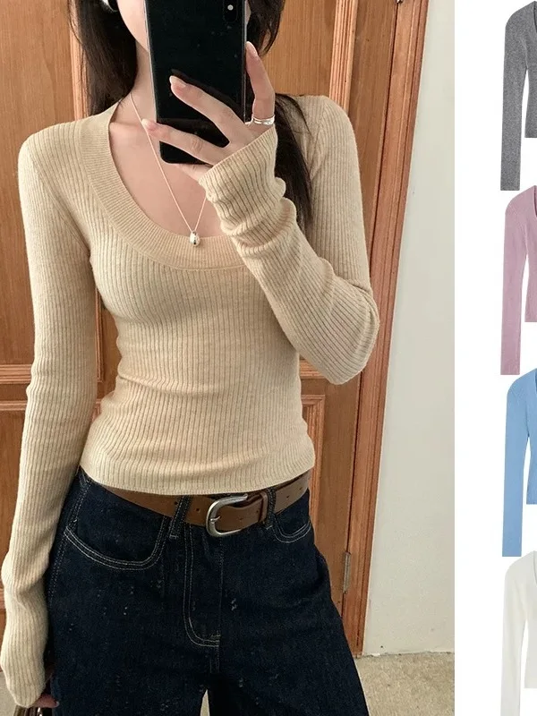 

Женский вязаный базовый свитер с низким вырезом, облегающий, мягкий, с длинными рукавами, модный, для ранней весны, новинка, топ для ношения под одеждой