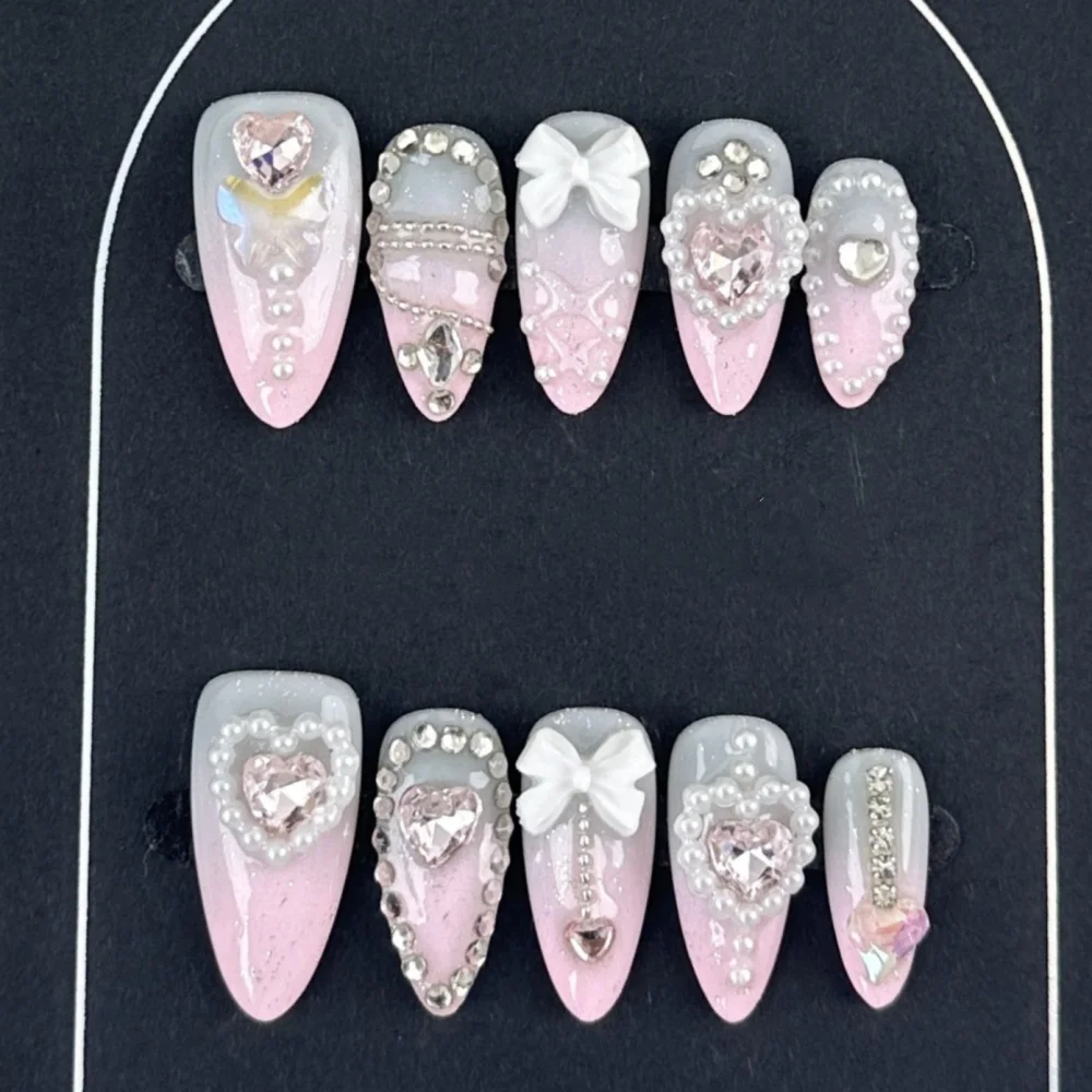 

10pcs Almond Handmade Fake Nails Sets Summer Rhinestone Pearl Gradient Pink False Nail Art Wearable Press on Nails Tips Manicure