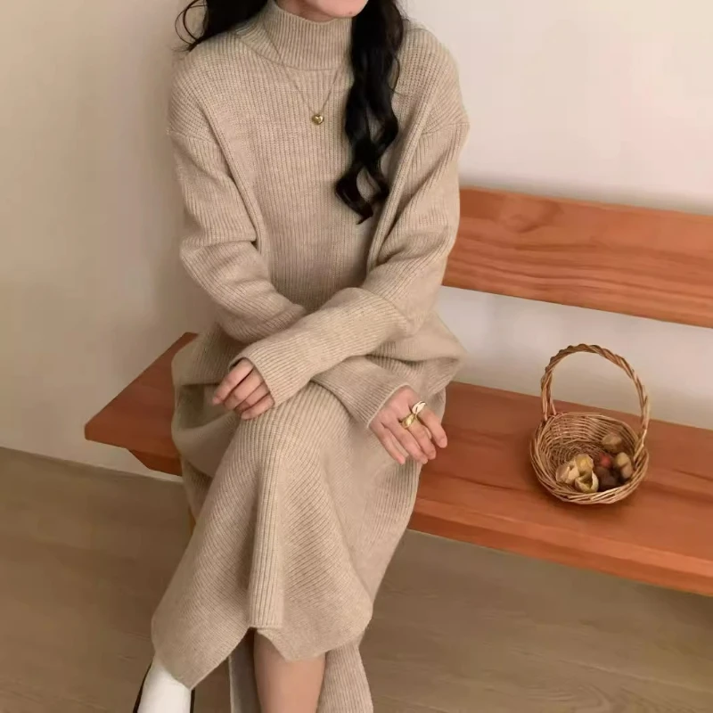Vestido de malha semi-alto, cor sólida, outono/inverno, novo estilo, camada interna espessada, comprimento do joelho, vestido longo de suéter para mulheres