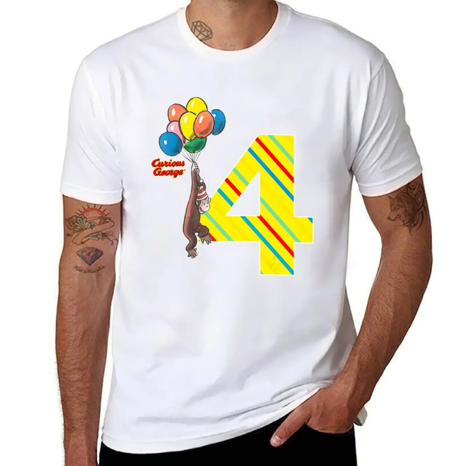 

Curious George Vintage 4th Birthday Balloons T-Shirt funny t shirts cotton t shirts for man pack cotton T-Shirt