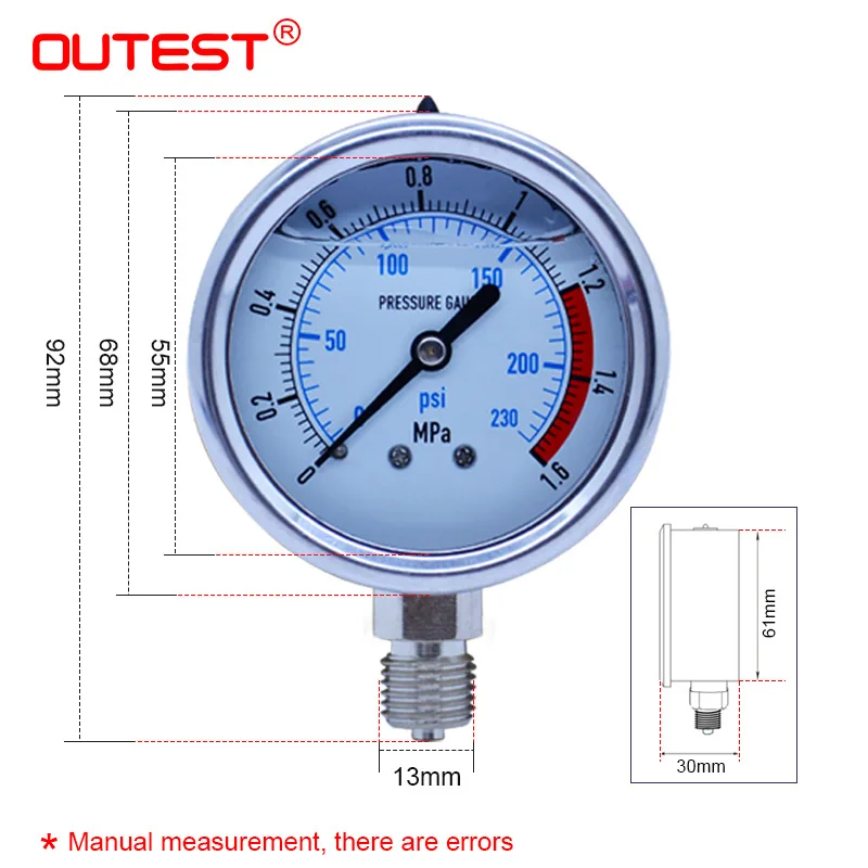 Imagem -03 - Outest 060mpa Medidor de Pressão Hidráulico de Radial Manômetro Óleo ar Água Rosca g1 Aço Inoxidável