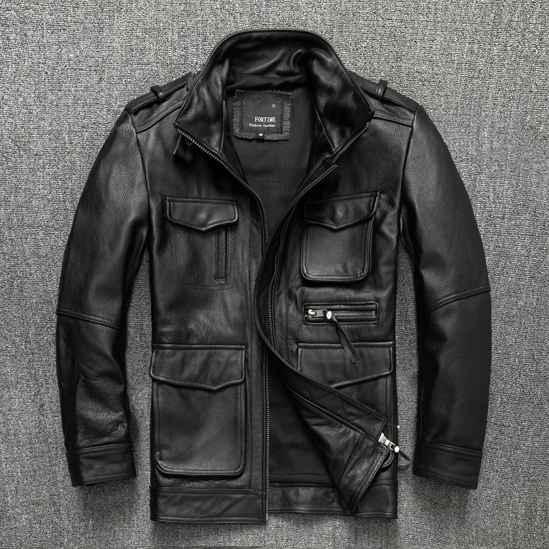

New improved top-grain cowhide leather for men mid-length and plus-size motorcycle