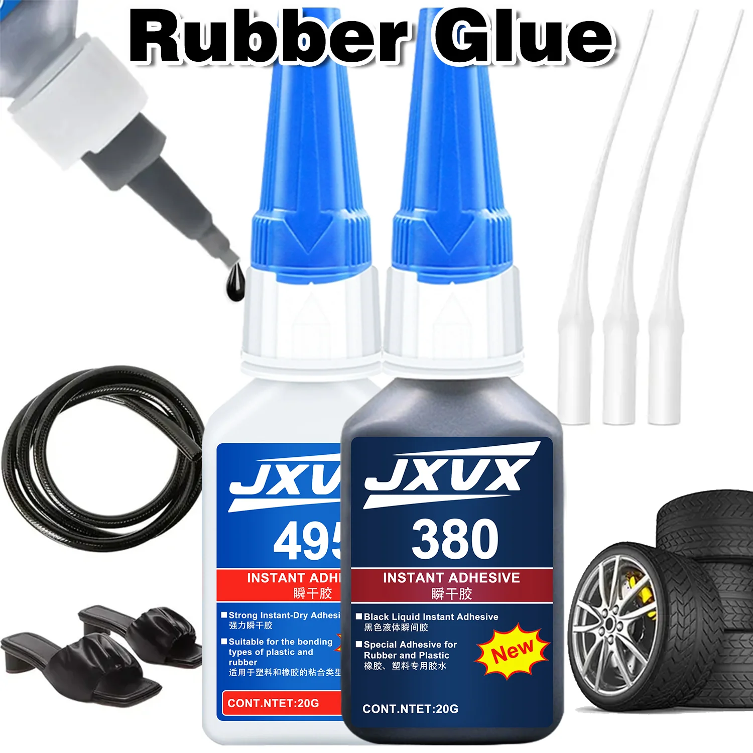 

380/495 Black/Clear Super Glue Extra strong Instant Quick-drying Black Cyanoacrylate 100% Original Adhesive Specially Formulated for Rubber, Leather, Tires, and Plastics Strong Bond Liquid Glue Tool 0.7oz,1-8PCS.