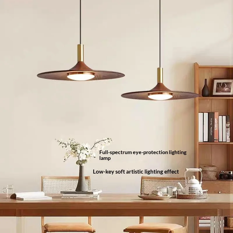 Mid-Century Walnut Pendant Light, Retro UFO Hanging Lamp for Dining Bar, Wabi-Sabi Full Spectrum Art Decor Chandelier