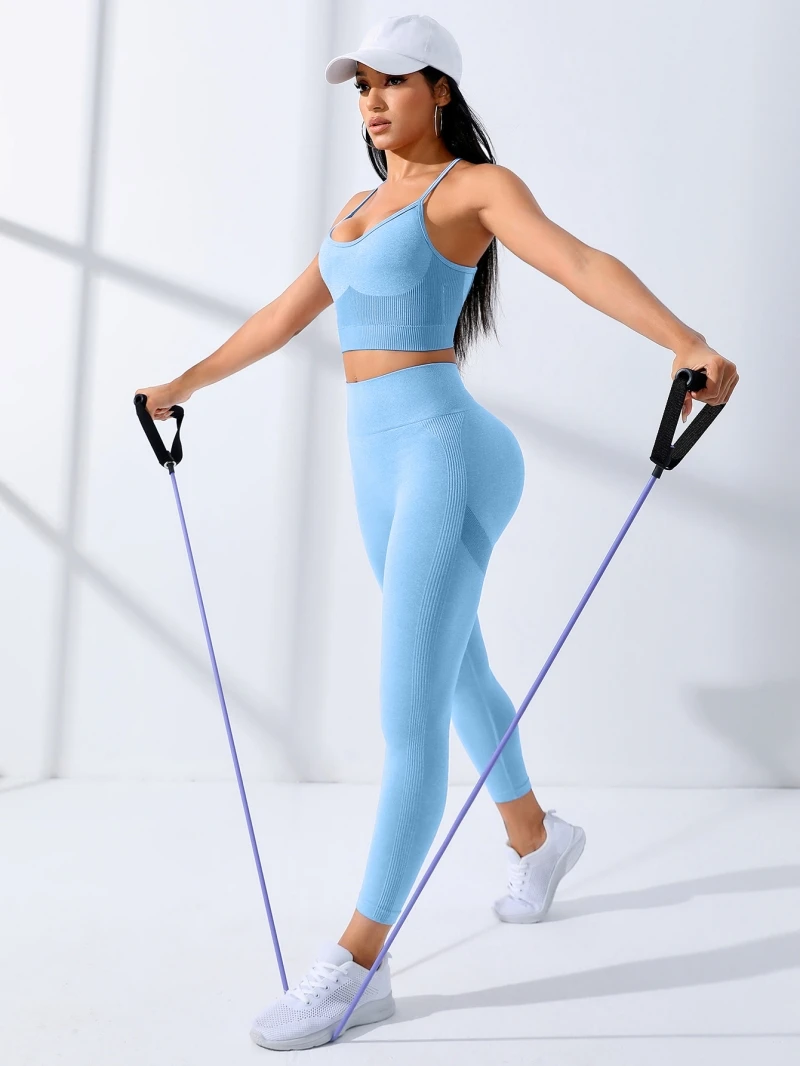 Nahtloses Yoga-Set für Damen, 2-teiliges Workout-Outfit, dehnbare Leggings und dünnen Trägern, Sport-BH, Fitnessbekleidung – Detail 10