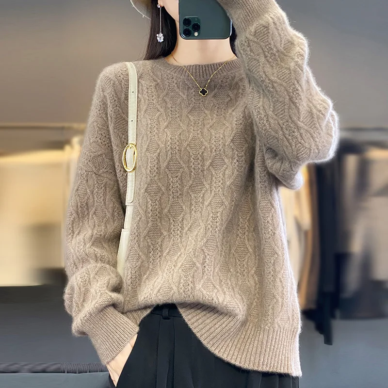 O-neck Loose Sweaters for Women, 100% Pure Wool, Knitting Jumpers, Female Pullovers, Woolen Clothes, New Fashion, 2023