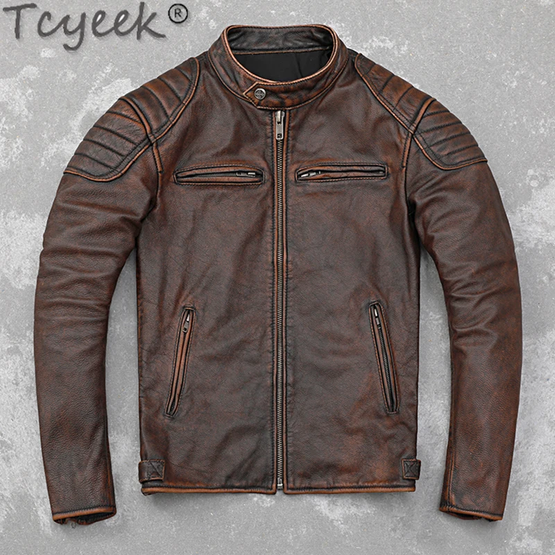 Tcyeek Genuine Leather Jacket Men Top Layer Cowhide Coats Autumn Vintage Leather Coat Casual Mens Jackets Jaqueta Masculina