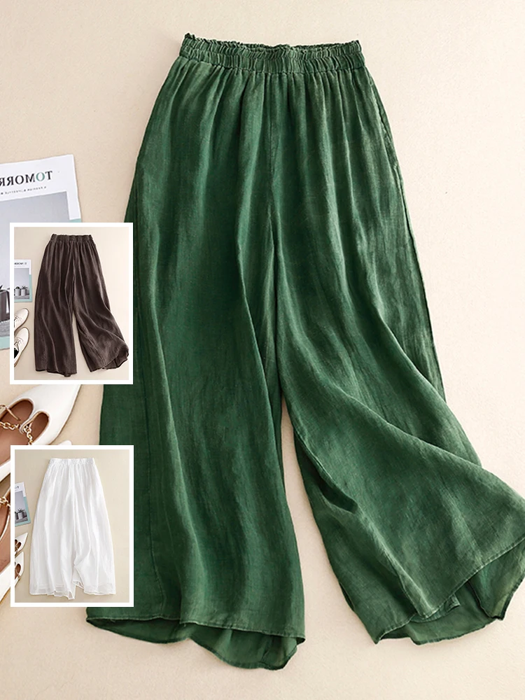 

Брюки из хлопка и льна с высокой талией и широкими штанинами, свободного кроя, повседневные летние брюки с эластичным поясом, укороченные, для женщин больших размеров