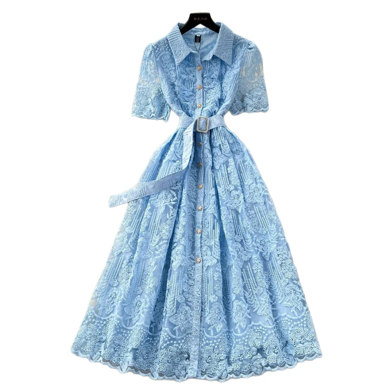 

Long Dress Women Dresses A Line Vestidos Streetwear Turn Down Collar Short Sleeve Lace Elegant Splice Y2k Tight Waist Party 2025