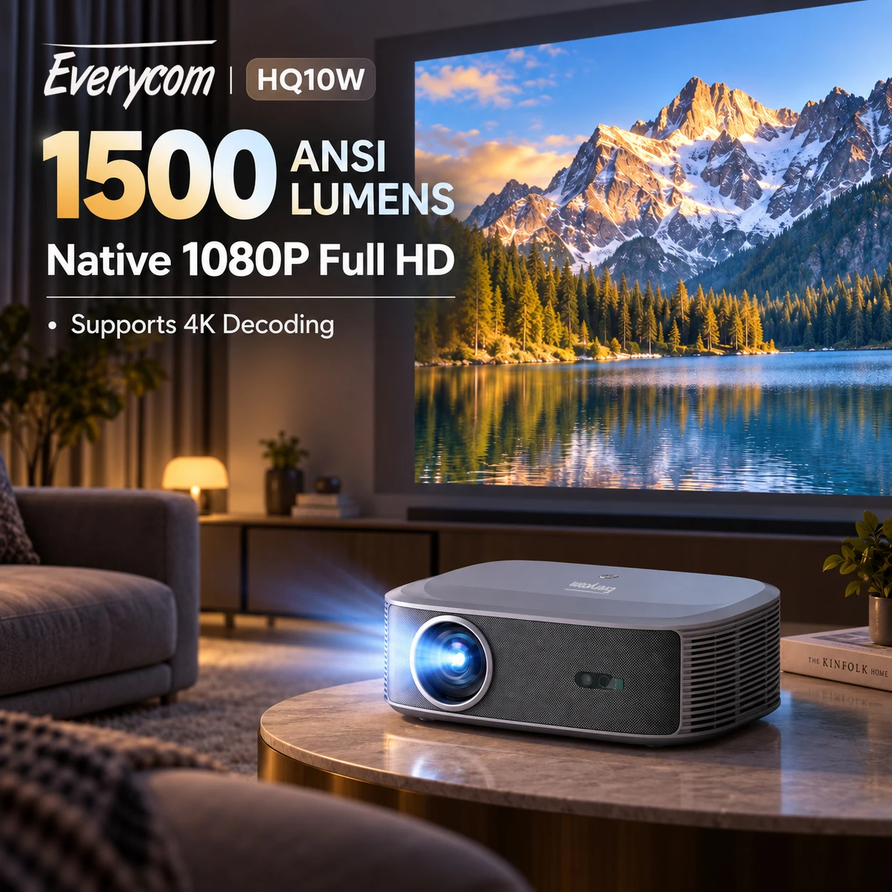 Proyector Everycom HQ10W, resolución nativa 1080P Full HD, 1500 lúmenes ANSI, compatible con decodificación 4K, enfoque automático, ideal
