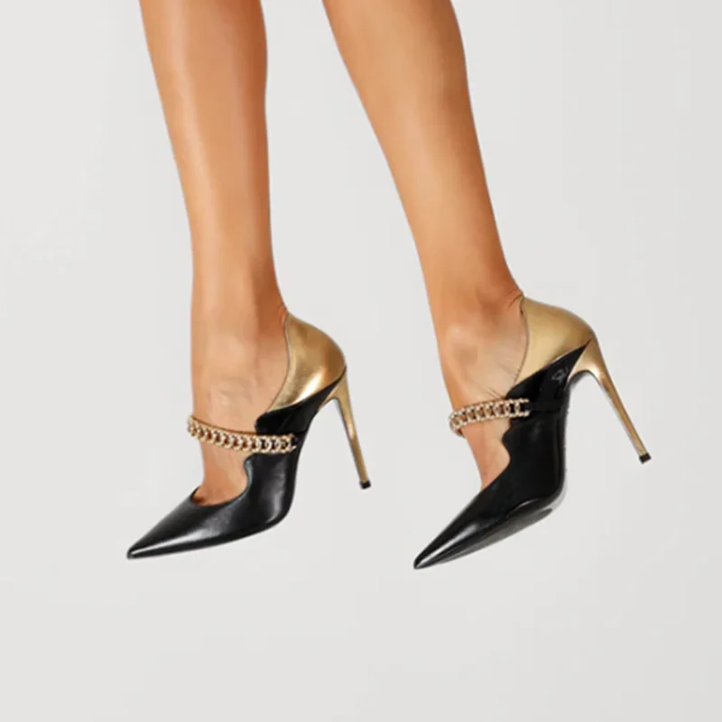 

Pointy Toe Mixed Color Sandals Metal Chain Straps Stiletto Heels Fashion Women Classic Dress Daily Shoes Office Lady Casual Pump