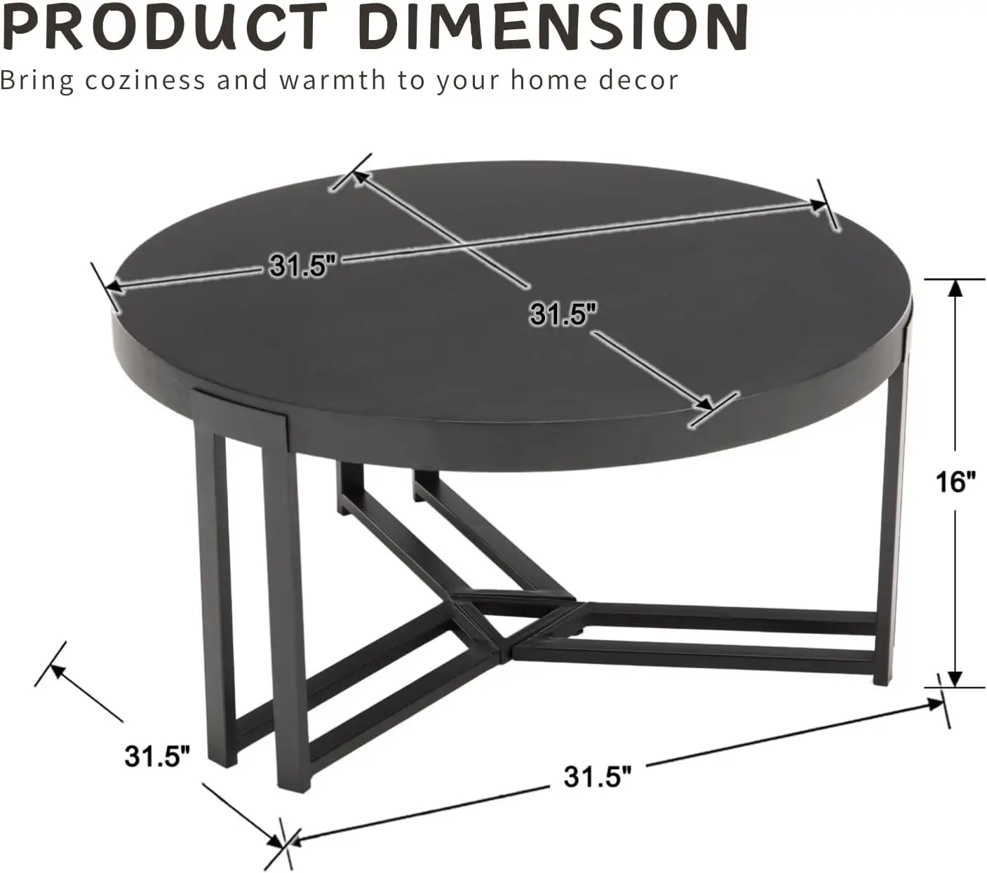 Round Wood Coffee Table Black Wooden Coffee Table 31.5’’ Small Circle Coffee Table With Black Metal Legs Modern Tea Table For