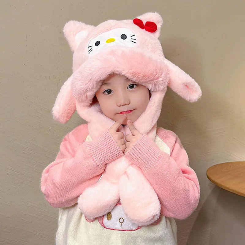 الأطفال الخريف الشتاء لطيف مرحبا كيتي أفخم قبعة وشاح سانريو Kawaii الاطفال يندبروف الدافئة سدادات حماية الأذن رشاقته لينة قبعة هدية #4