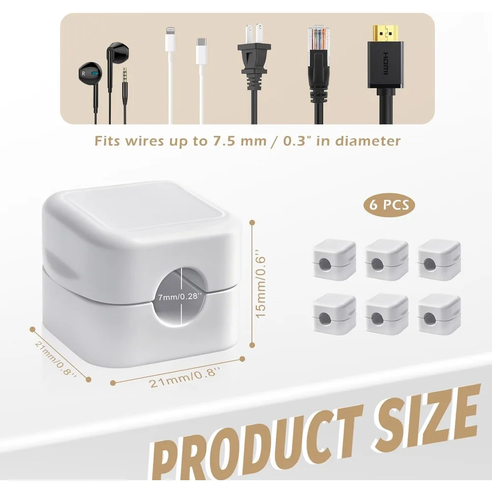 6 PCS Magnetic Cable Clips Cord Organizer Holder for Home Desk Nightstand Car Wall - White view 2