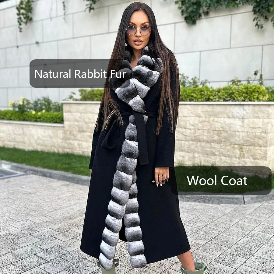 Echt Kaschmir Mantel Winter Wolle Mantel Frauen Lange Pelz Jacke Natürliche Rex Kaninchen Fell Colla Mode Warm