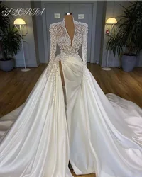 Gorgeous Pearls Mermaid Wedding Dress Long Train Satin V Neck Crystal Beaded Full Sleeves Bridal Gowns For African Dubai Women